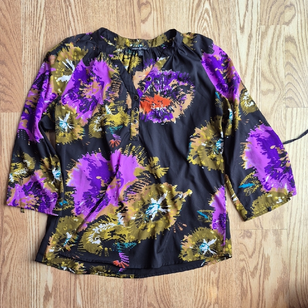 Elegant Floral Blouse - Purple, Black, and Gold
